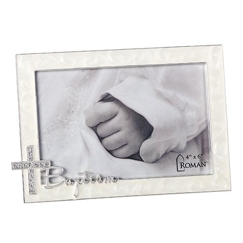 Roman Baptism Script With Jewel Tone Cross Swirled Ivory 7.25 x 5 Zinc Photo Frame