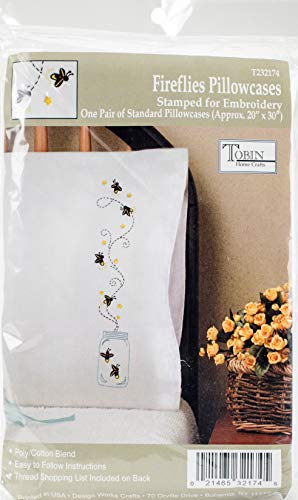 Design Works Crafts Tobin Stamped Pillowcases, Fireflies, 20" x 30" Embroidery Kit, white