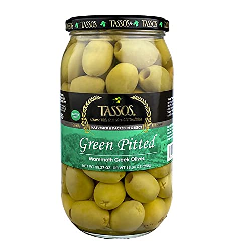 Tassos Green Pitted Mammoth Greek Olives (35.27oz) 1 Liter Jar