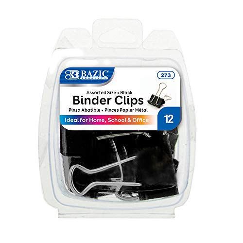 BAZIC Assorted Size Black Metal Binder Clip, Small Medium Large Fold Back Paper Clamps Clips for Office School Supplies, Home Kitchen Storage Tool (12/Pack), 1-Pack