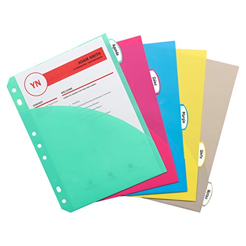 Pens C-Line Mini Size 5-Tab Poly Index Dividers with Pockets, for 5.5 x 8.5, 6 x 9 and 8.5 x 11 Binders, Assorted Colors, One 5-Tab Set (03750)