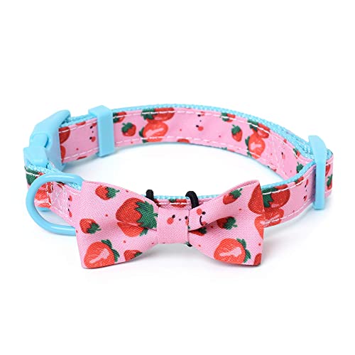 Mile High Life | Tropical Fruit Summer Collection | Soft Poly Cotton Fabric | Girl Dog Collars | Bowtie Collar (Strawberry, X-Small 9''-13'')