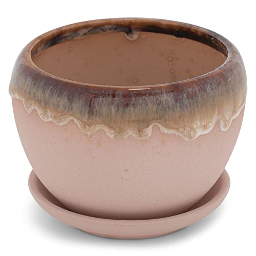 Napco Pink and Brown Drip Glazed 3.25 x 4.5 Inch Ceramic Flower Pot Planter with Saucer