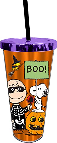 Spoontiques - Acrylic Foil Cup with Straw - 20 - Metallic Locking Lid with Straw - Double Wall Insulated - BPA Free - Peanuts Halloween Foil Tumbler