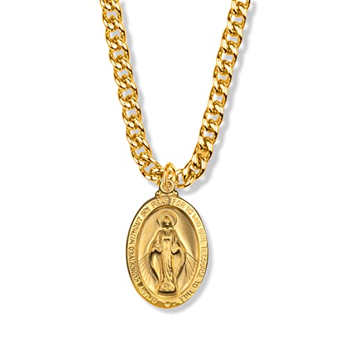 True Faith Jewelry 14KT Gold-Plated Sterling Silver Our Lady Of Grace Miraculous Medal Necklace Pendant Religious Jewelry, 1 1/8 Inch