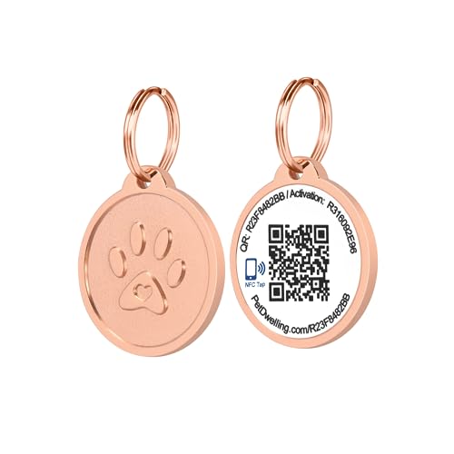 Pet Dwelling Smart QR Code-NFC Pet ID Tag - Dog Tags - Cat Tags - Online Pet Profile - Instant Email Alert -Scanned QR Tag GPS Location (Rose Gold Paw)