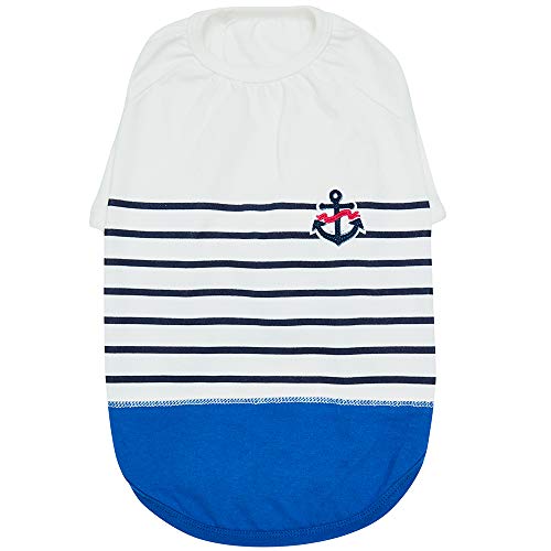 Blueberry Pet Soft & Comfy Summer Vacation Beach Cotton Dog T-Shirt in Blue Stripes, Sea Lover Shirt Tank Top Clothes, Back Length 18", for Large Dogs