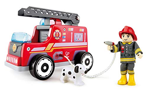 Hape Fire Truck Playset| Wooden Fire Engine Toy with Action Figure & Rescue Dog