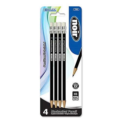 BAZIC Mechanical Pencil 0.5mm Noir, Latex Free Eraser, Smooth Writing Pencils Lead for Drafting Drawing Sketching (4/Pack), 1-Pack