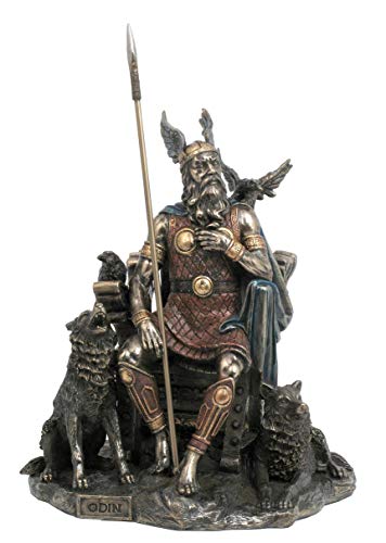 Unicorn Studio WU69116A4 Religious Gifts Norse God Odin with Spear Sitting with Wolves and Crows Statue, 10-inch High, Cold Cast Bronze