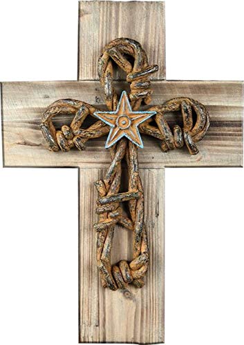 Manual CC Home Furnishings Earthenware Brown and Wooden Texture Antique Finish Barbwire Wall Cross 6" X 9" X 0.75"