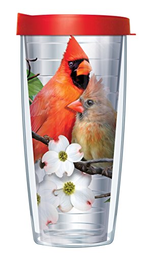 Freeheart Signature Tumblers Cardinal Birds on Dogwood Branch Wrap on Clear 16 Ounce Double-Walled Travel Tumbler Mug with Cherry Red Easy Sip Lid