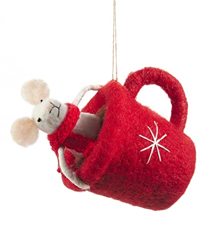 Giftcraft 681706 Christmas Wool Ornament Mouse in Cup, 5.1 inch, Wool