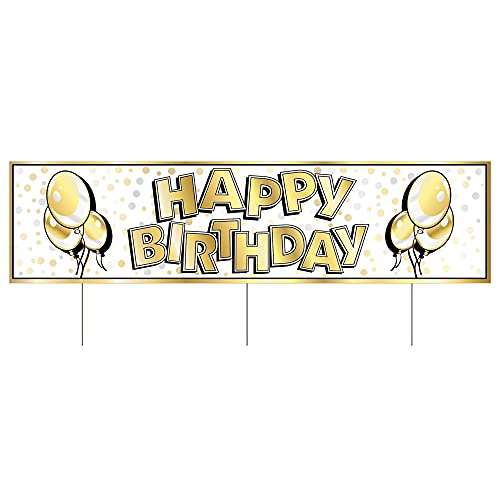 Beistle Plastic Jumbo Happy Birthday Yard Sign With Stakes Outdoor Lawn Decorations, 11.75" x 47", White/Black/Gold