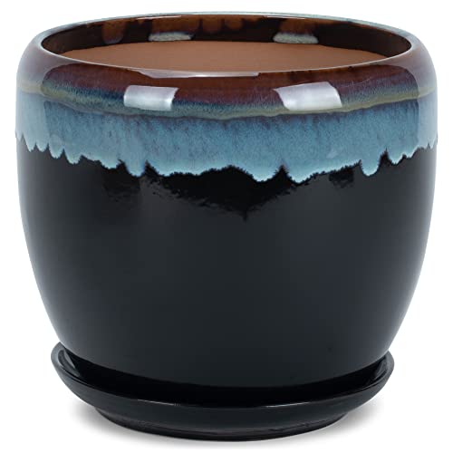 Napco Large Drip Glaze 6 Inch Diameter Cobalt Blue Ceramic Flower Pot Planter with Saucer