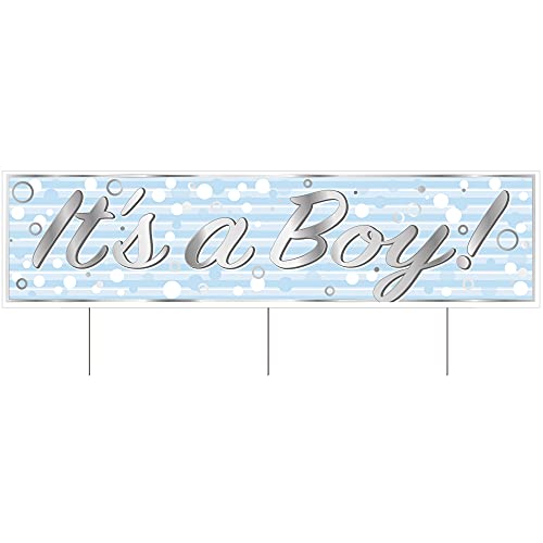 Beistle Plastic Jumbo It's A Boy Baby Shower Yard Sign With Stakes Outdoor Lawn Decorations, 11.75" x 47", Silver/Blue/White