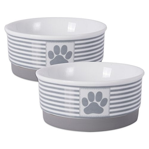 DII Design Bone Dry Paw Patch & Stripes Ceramic Pet Bowl & Canister Collection, Small Bowl Set - 4.25 x 4.25 x 2", Gray, 2 Piece