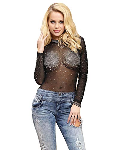 Comfy Hour Women's Black Long Sleeveled Mesh Rhinestone Sexy Women Transparent Teddy, X-Large