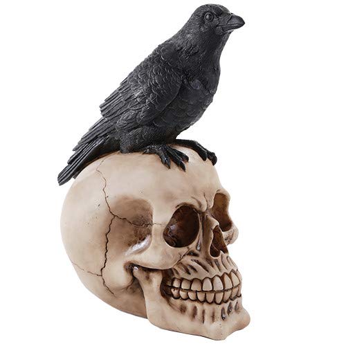 Pacific Trading Giftware Perched Raven On Skull Poe Raven Figurine Halloween Home Decor Gift