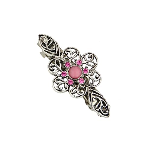 1928 Jewelry Silver Tone Pink Crystal Flower Bar Barrette