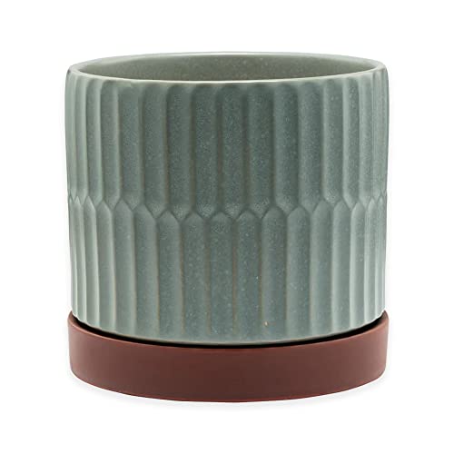 Napco Grey Ribbed Round Ceramic Pot for Indoor Plants Planter with Saucer, 7.75 x 7.75, Gray