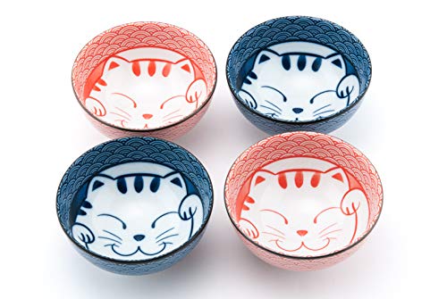 FMC Fuji Merchandise Japanese Porcelain Multi Purpose 4.5" Diameter Bowl Set of 4 Maneki Neko Lucky Cat Meow Gift Set Made In Japan