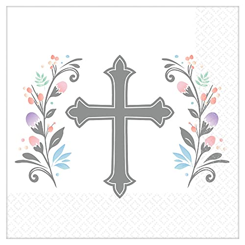 Amscan Holy Day, White and Gray Beverage Party Napkins, 5" x 5", 36 Ct.