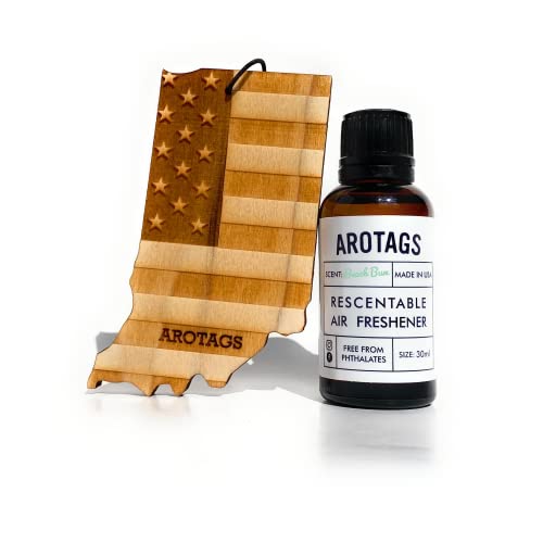 Arotags Indiana Patriot Wooden Car Air Freshener - Long Lasting Beach Bum Scent Diffuses for 365+ Days - Includes Hanging Mirror Diffuser and Fragrance Oil - 100% American Made