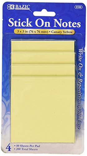 BAZIC 50 Ct. 3" X 3" Yellow Stick On Notes (4/Pack)