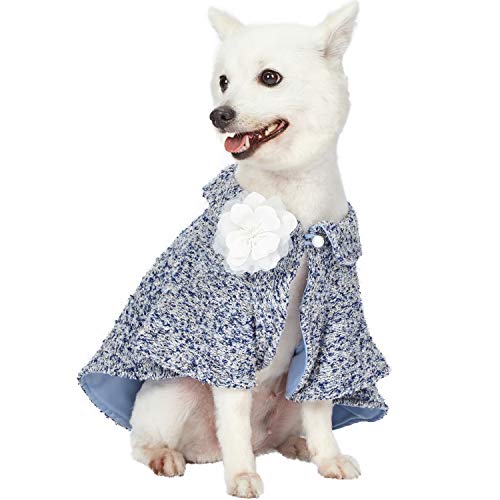 Blueberry Pet Marled Carolina Blue All-Weather Handmade Knit Dog Poncho Cape with Detachable Necklace & Flower, Back Length 14", Pack of 1 Clothes for Dogs
