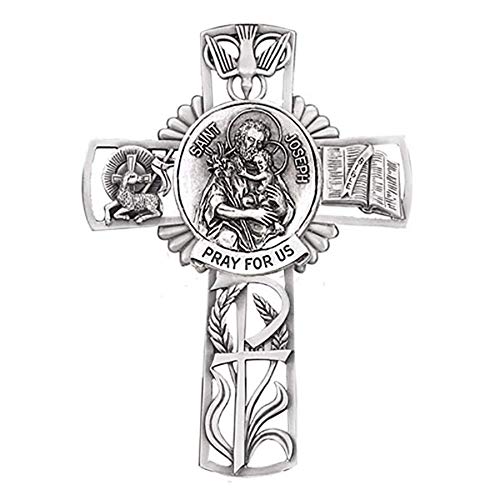 Christian Brands Pewter Catholic Saint St Joseph and Child Pray for Us Wall Cross, 5 Inch