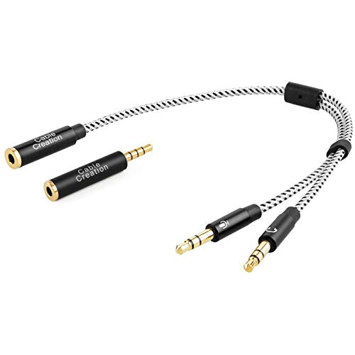 Headset Splitter Cable, CableCreation 3.5mm Female to 2 Dual 3.5mm Male Audio Y Splitter Cable with 3.5mm Audio Jack CTIA to OMTP Adapter,Black and White/ 0.2 M