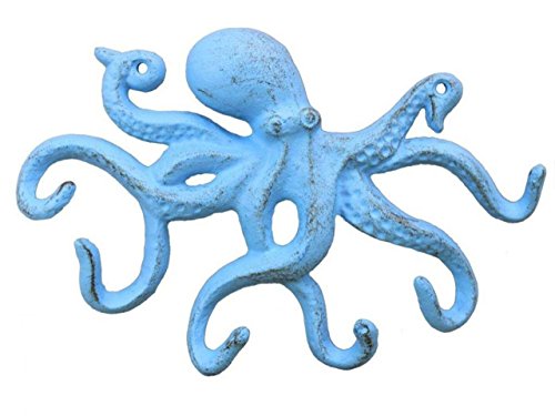 Hampton Iron Rustic Octopus Hook 11" Decoration-Antique Vintage Cast Iron, Solid Light Blue