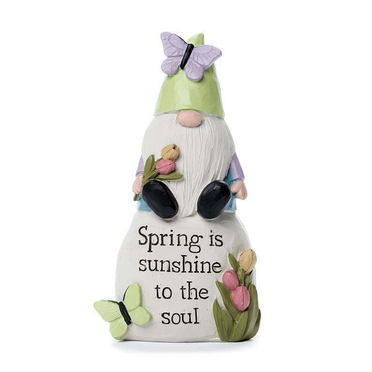 Blossom Bucket Garden Gnome with Green Hat Sitting On Stone Figurine, 4.25-inch Height, Resin