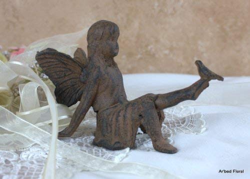 Upper Deck Cast Iron Siting Angel with Bird Garden Fairy Statue- 3.5" By 6" By 4"