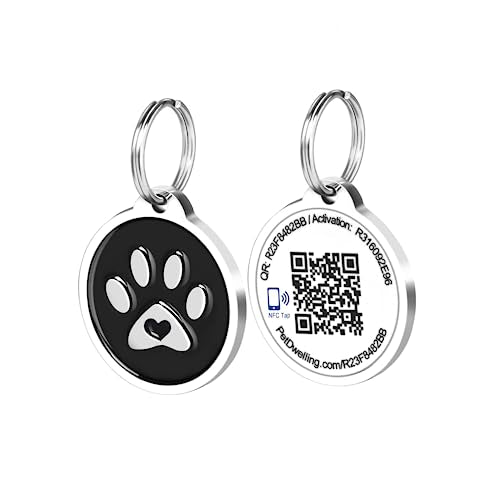 Pet Dwelling Smart QR Code-NFC Pet ID Tag - Dog Tags - Cat Tags - Online Pet Profile - Instant Email Alert -Scanned QR Tag GPS Location (Black Paw)