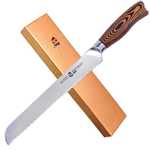 TUO Cutlery Bread Knife- Razor Sharp Serrated Slicing Knife - High Carbon German Stainless Steel Kitchen Cutlery - Pakkawood Handle - Luxurious Gift Box Included - 9 inch - Fiery Phoenix Series