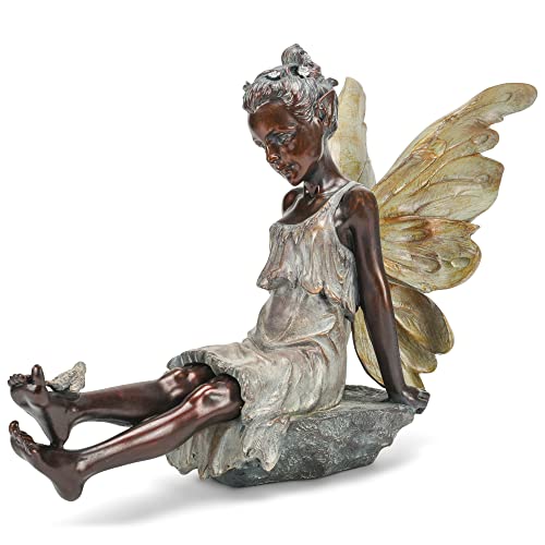 Napco Fairy with Bird Bronze Tone 12.5 x 18 Inch Resin Stone Outdoor Garden Statue