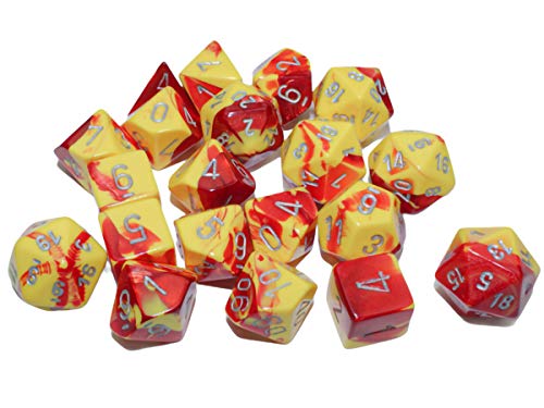 Chessex Gemini Polyhedral 20-Die Set, Red-Yellow with Silver Numbers Dice for Dungeons and Dragons (DND), Role Playing Games, MTG, Pathfinder, Table Game, Board Games