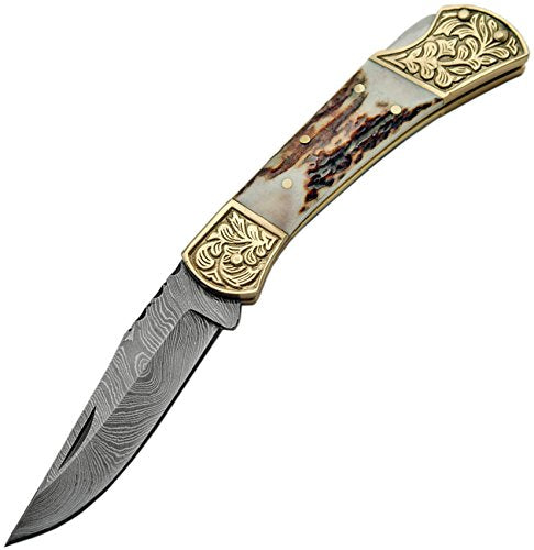 SZCO Supplies DM-1163 Damascus Steel Fancy Folding Knife with Stag Handle Damascus Steel Knife