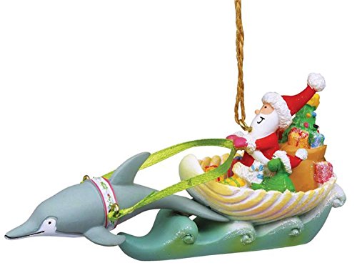 Cape Shore Coastal Santa in Sea Shell Sleigh Dolphin Reindeer Holiday Ornament