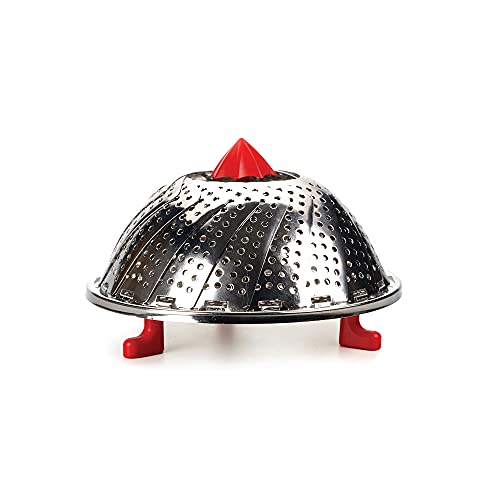 RSVP International Endurance (RAIN-9) Stainless Steel Vegetable Steamer with Red Silicone Feet, 9" | Place in Pot to Expand | Steam Broccoli, Beans, Carrots & More | Dishwasher Safe