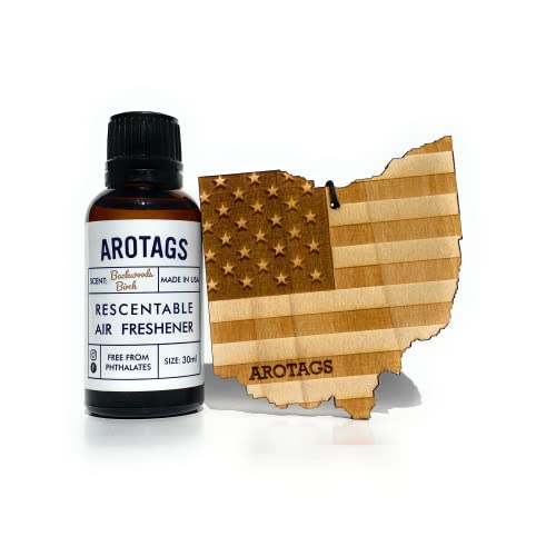 Arotags Ohio Patriot Wooden Car Air Freshener - Long Lasting Backwoods Birch Scent Diffuses for 365+ Days - Includes Hanging Mirror Diffuser and Fragrance Oil - 100% American Made