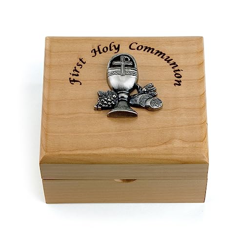 True Faith Jewelry 4-3/4 x 4-1/4 x 2-3/4 Inch First Holy Communion Maple Wood Keepsake Box, Gift Box for Child Communion, Wood Crafted Gift, First Holy Communion Gift - Includes Personalization
