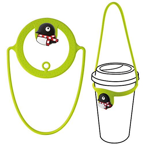 Bone Collection Bone Cup Tie, Portable Cup Carrier, To Go Cold Cup and Hot Cup, Drink Carrier for Coffee Cup Delivery, Reusable Takeout Silicone Coffee Carrier with Handle Tie - Maru Penguin (Green)