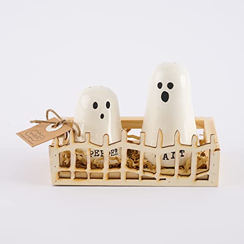 Mud Pie Mid Pie Halloween Ghost Salt & Pepper Set, assembled 3 1/4" x 4 1/2", White