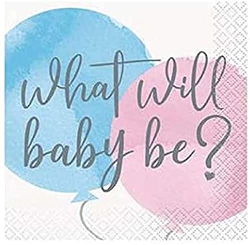 Unique Industries What Will Baby Be Gender Reveal Beverage Napkins I Pink & Blue I Paper I 16 Pcs.