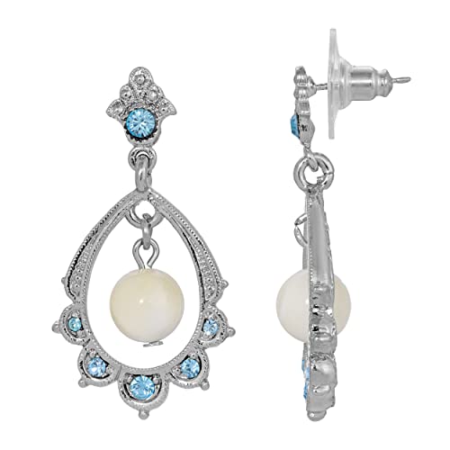 1928 Jewelry Aquamarine Blue Crystal Mother Of Pearl Oval Post Drop Earrings