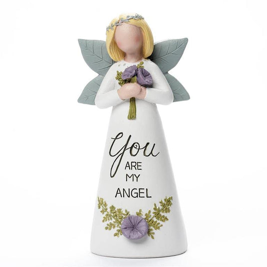 Blossom Bucket Garden Angel with Flower Bouquet, 5-inch Height, White, Resin, Figurine, Home Decor