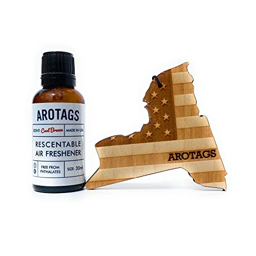 Arotags New York Patriot Wooden Car Air Freshener - Long Lasting Cool Breeze Scent Diffuses for 365+ Days - Includes Hanging Mirror Diffuser and Fragrance Oil - 100% American Made